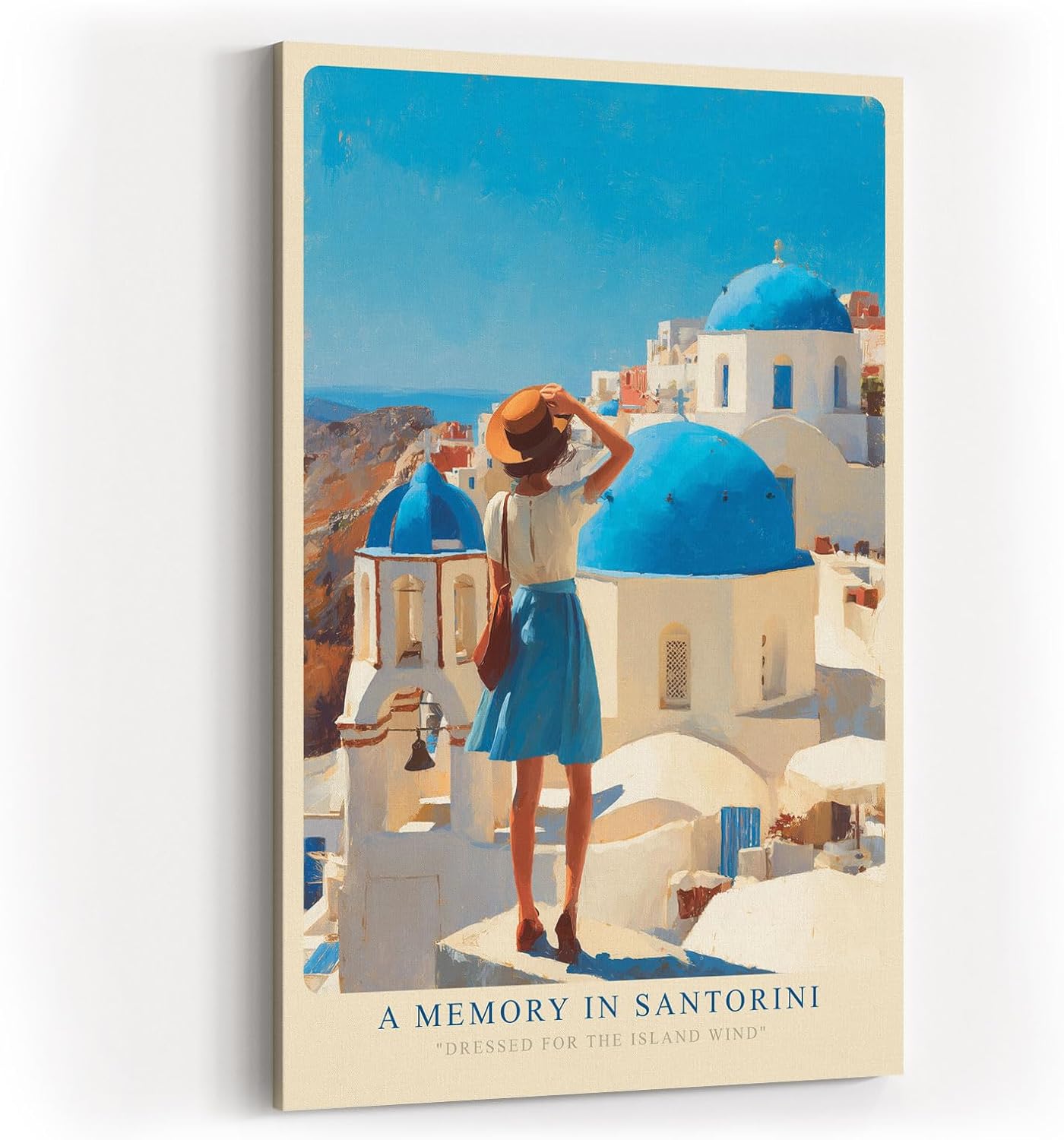 Paul Sinus Wandbild in 40x60cm A Memory in Santorini – Frau in blauem Rock und Strohhut vor weißen Häusern und blauen Kuppeln, sonnige Mittelmeeridylle