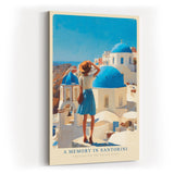 Paul Sinus Wandbild in 40x60cm A Memory in Santorini – Frau in blauem Rock und Strohhut vor weißen Häusern und blauen Kuppeln, sonnige Mittelmeeridylle