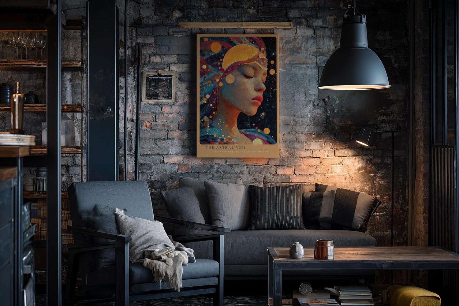 Paul Sinus Wandbild in 40x60cm The Astral Veil Künstlerisches Frauenporträt mit kosmischen Elementen und goldenen Akzenten für mystische Raumgestaltung