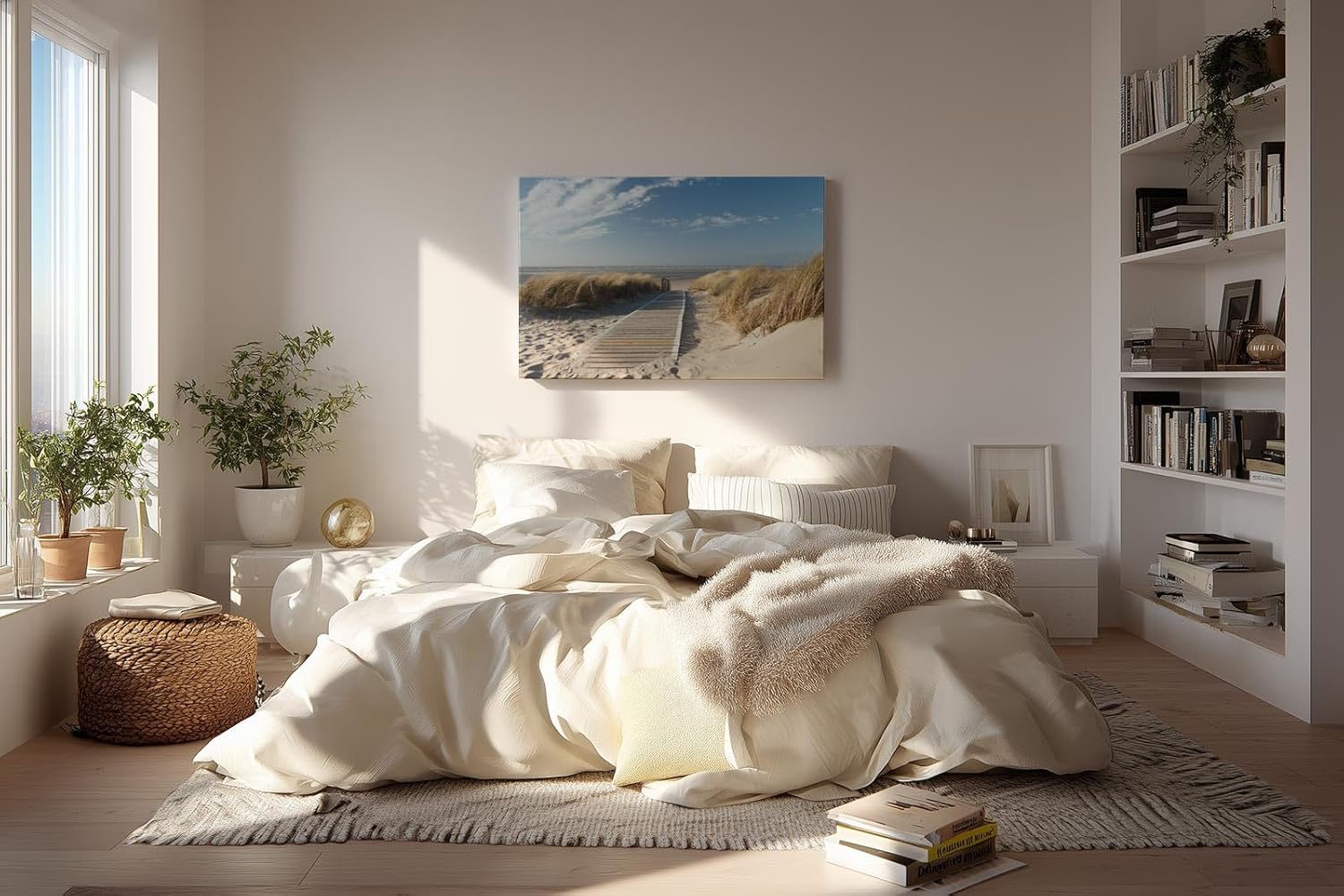 Sinus Art Wandbild 120x80cm Idyllischer Holzsteg durch Dünenlandschaft unter blauem Himmel bis zum Meer