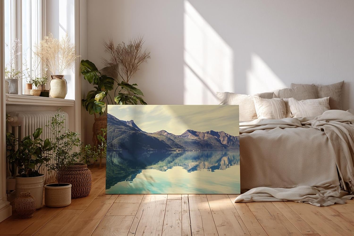 Sinus Art Wandbild 120x80cm Ruhiger Bergsee mit klarer Spiegelung und weiter Gebirgskulisse – beruhigend und inspirierend