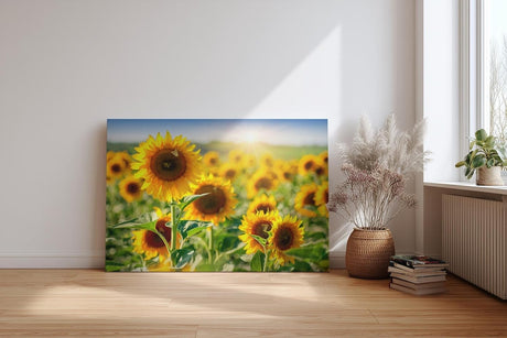 Sinus Art Wandbild 120x80cm Sonnenblumen in voller Blüte unter strahlender Sonne mit tiefer Perspektive