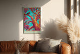 Paul Sinus Wandbild in 40x60cm Bunte Vögel in farbintensivem Baum – surrealistisches Kunstwerk mit kräftigen Kontrasten und leuchtenden Details