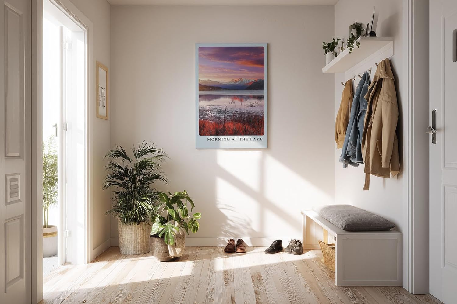 Paul Sinus Kunstdruck 40x60cm Morning at the Lake – Alpenpanorama mit ruhigem See im Morgenlicht in Rosa und Violett