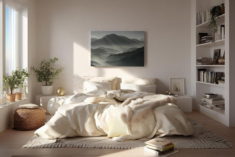 Sinus Art Wandbild 120x80cm Faszinierende Lichtstrahlen durchdringen den Morgennebel über mystischen Berglandschaften