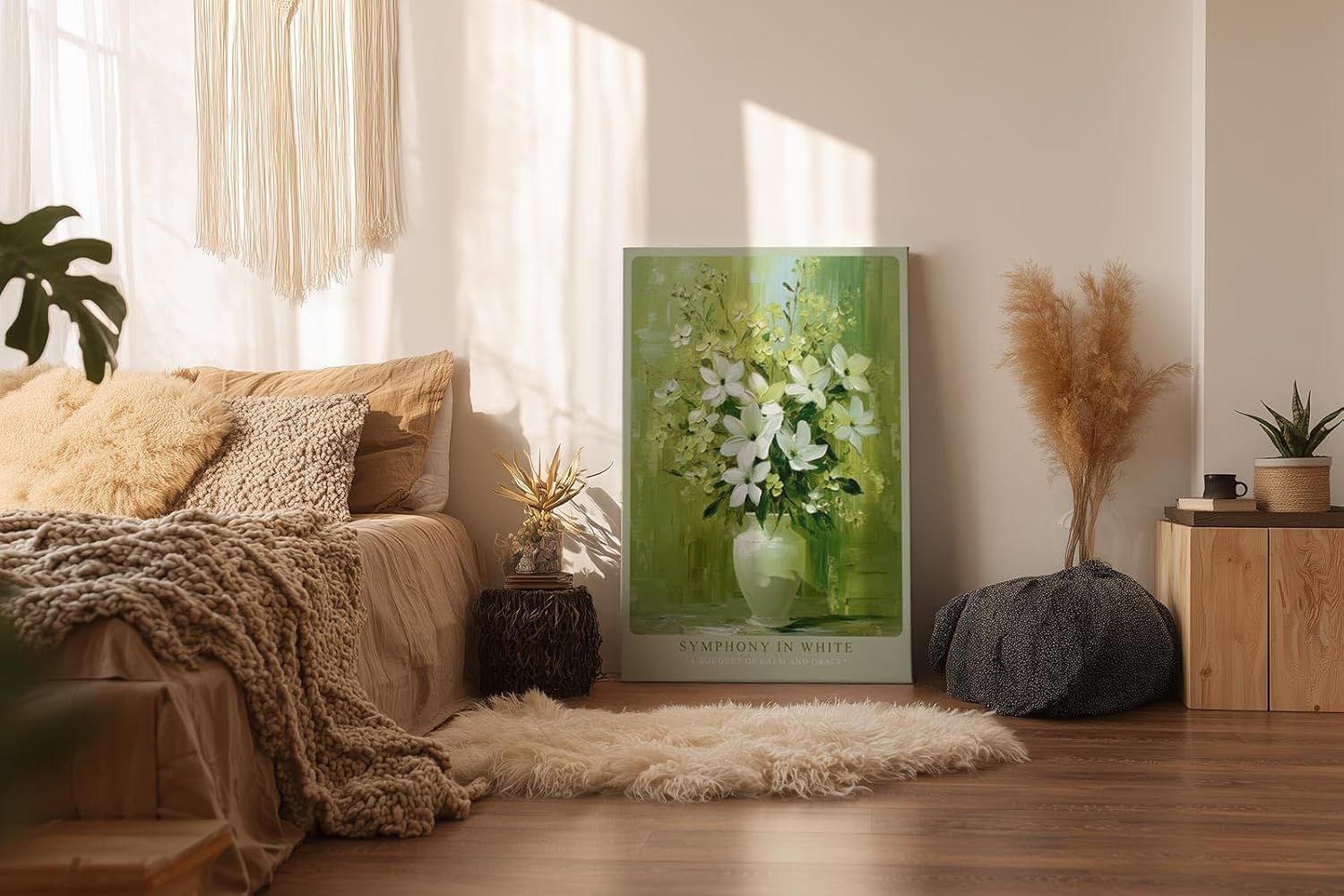 Paul Sinus Wandbild in 40x60cm Symphony in White stilvolles Stillleben mit weißen Lilien und Blüten in Vase vor grünem Hintergrund