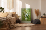 Paul Sinus Wandbild in 40x60cm Symphony in White stilvolles Stillleben mit weißen Lilien und Blüten in Vase vor grünem Hintergrund