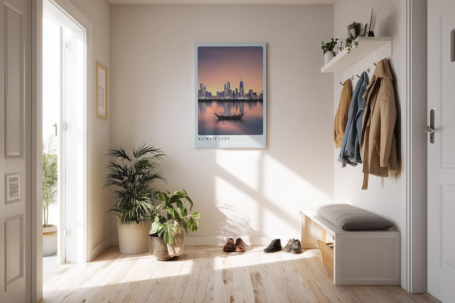 Paul Sinus Kunstdruck 40x60cm Kuwait City bei Sonnenuntergang – Skyline mit traditionellem Boot auf ruhigem Wasser