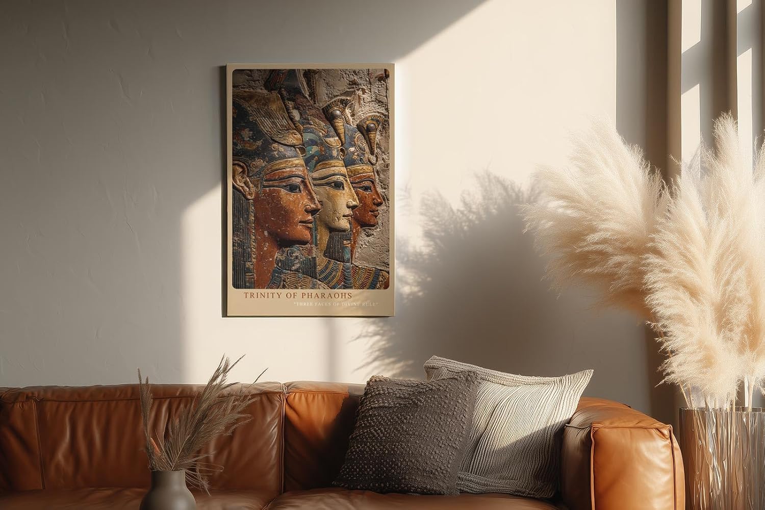 Paul Sinus Wandbild in 40x60cm Trinity of Pharaohs – Drei ägyptische Herrscher im kunstvollen Relief mit Gold-, Blauund Erdtönen
