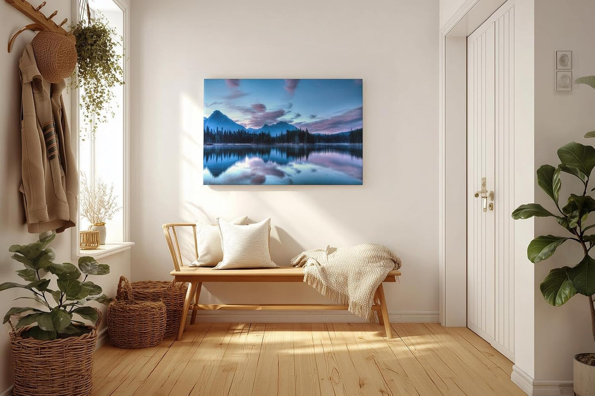 Sinus Art Wandbild 120x80cm Spiegelung von Bergen und Wald im ruhigen Wasser erzeugt eine meditative Wirkung