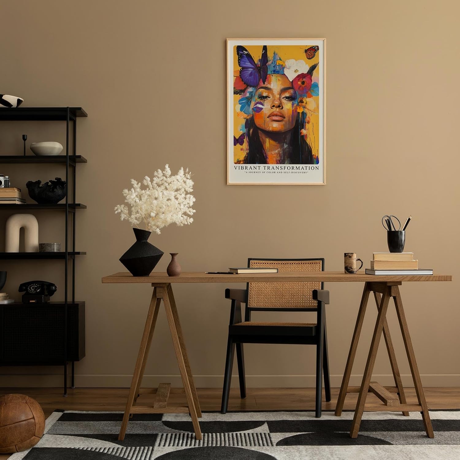 Paul Sinus Leinwandbild 80x120cm Leinwandbild Lebendige Transformation – Kraftvolles Porträt mit intensiven Farben, Schmetterlingen und floralen Akzenten