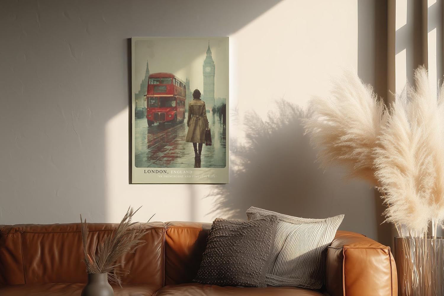 Paul Sinus Wandbild in 40x60cm London, England – Malerische Straßenszene mit rotem Doppeldeckerbus und Big Ben im Hintergrund, stilvolle Stadtansicht im Regen