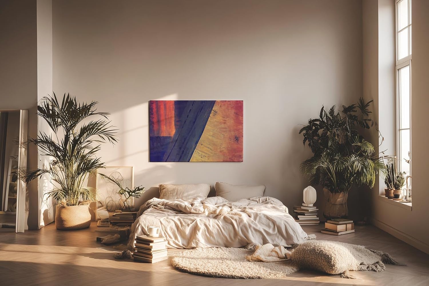 Sinus Art Wandbild 120x80cm Breite Farbbalken in Blau und Orange mit violettem Verlauf und geometrischer Anordnung