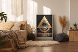 Paul Sinus Wandbild in 40x60cm The Geometric Code – Abstraktes Design mit überlappenden goldenen Dreiecken und Kreisen auf dunkler Texturfläche