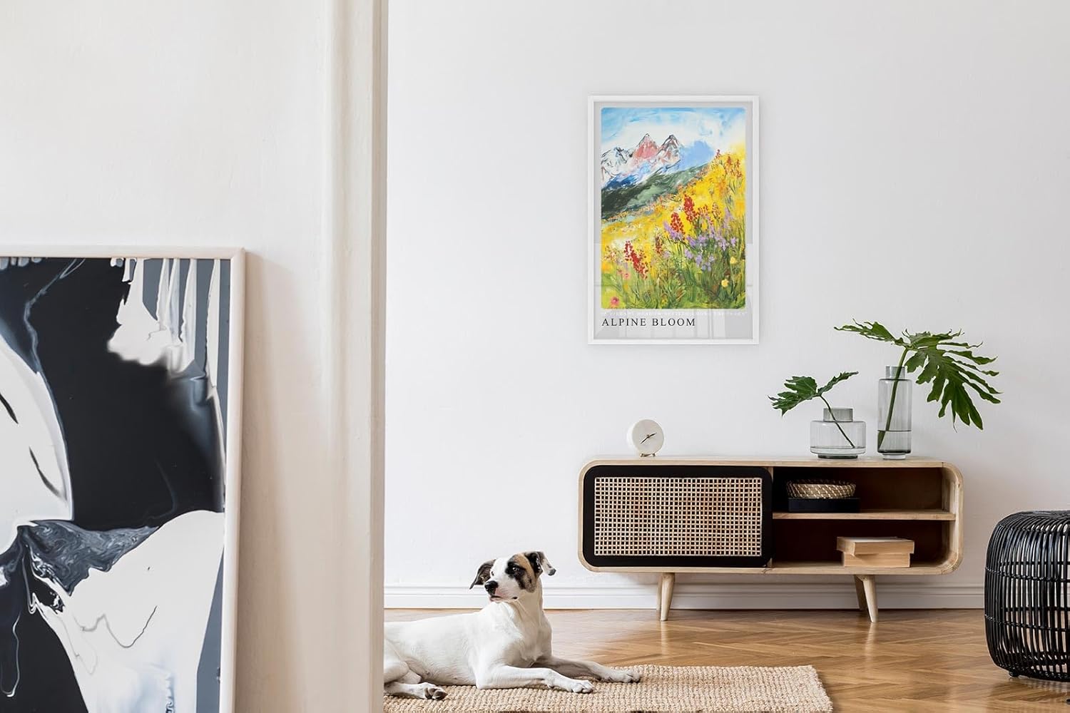 Paul Sinus Leinwandbild 60x90cm lebendige Alpenlandschaft mit blühender Bergwiese, expressive Wandkunst mit farbenfrohem Blumenmeer