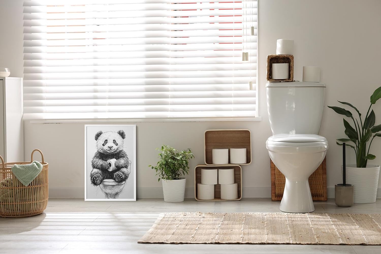 Paul Sinus Poster/Leinwandbild/Rahmenoption – Süßer Panda auf Toilette – Lustige WC-Deko für dein Badezimmer