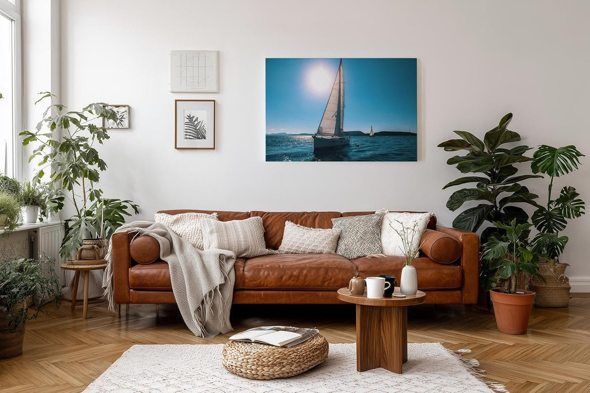 Sinus Art Wandbild 120x80cm Friedvolle Szene eines Segelboots unter blauem Himmel mit strahlendem Sonnenschein