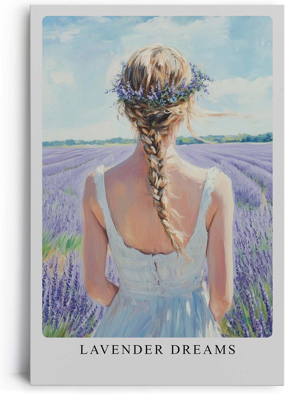 Paul Sinus Leinwandbild 80x120cm romantische Frau im Lavendelfeld mit zartem Blumenkranz – kunstvolles Leinwandbild für stilvolle Raumgestaltung