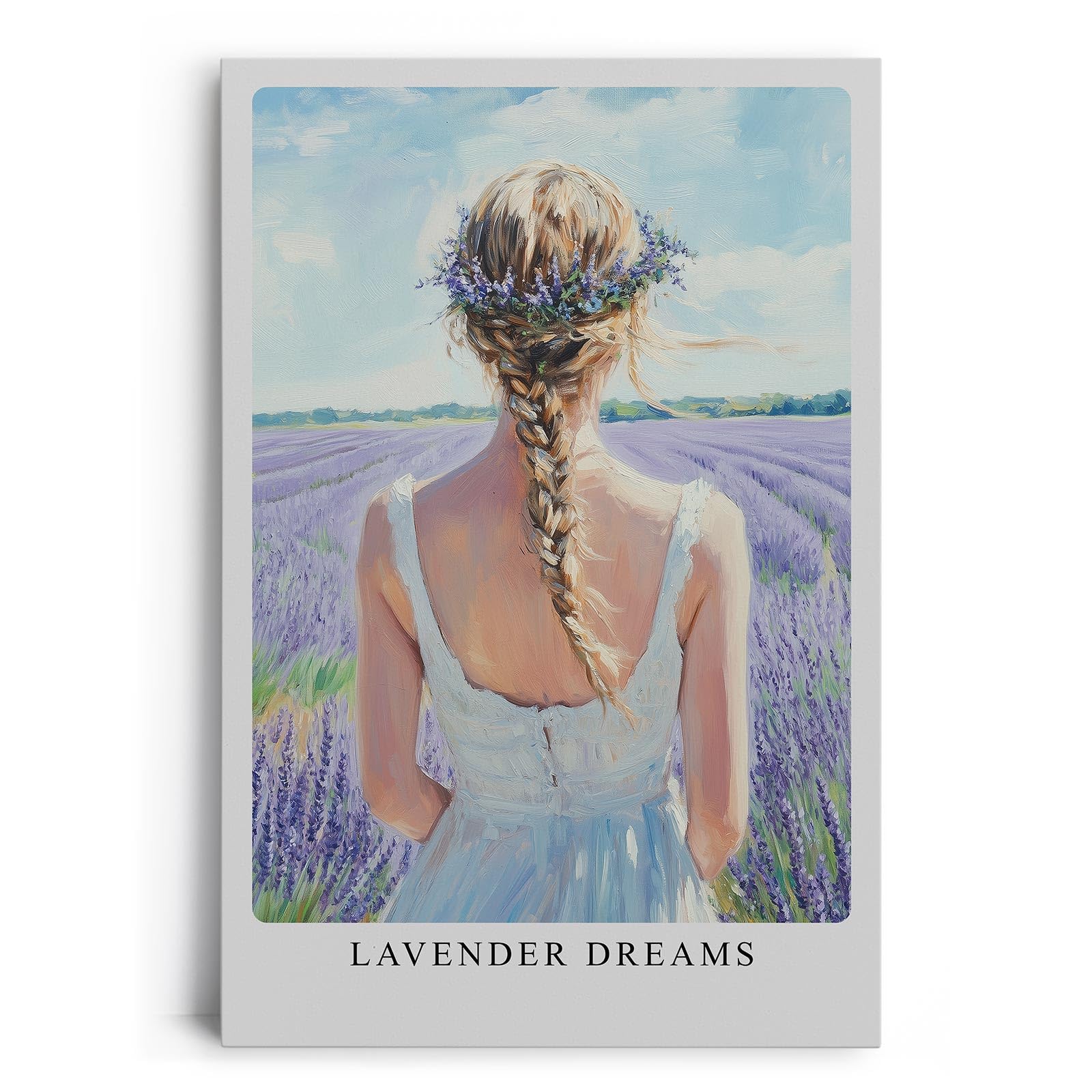 Paul Sinus Leinwandbild 80x120cm romantische Frau im Lavendelfeld mit zartem Blumenkranz – kunstvolles Leinwandbild für stilvolle Raumgestaltung
