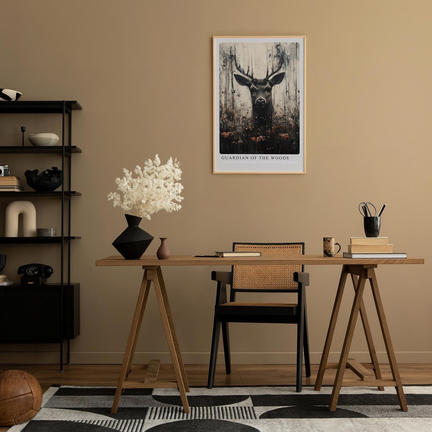 Paul Sinus Leinwandbild 60x90cm mystisches Hirschporträt mit dunkler Waldfantasie, ausdrucksstarke Wandkunst in erdigen Tönen