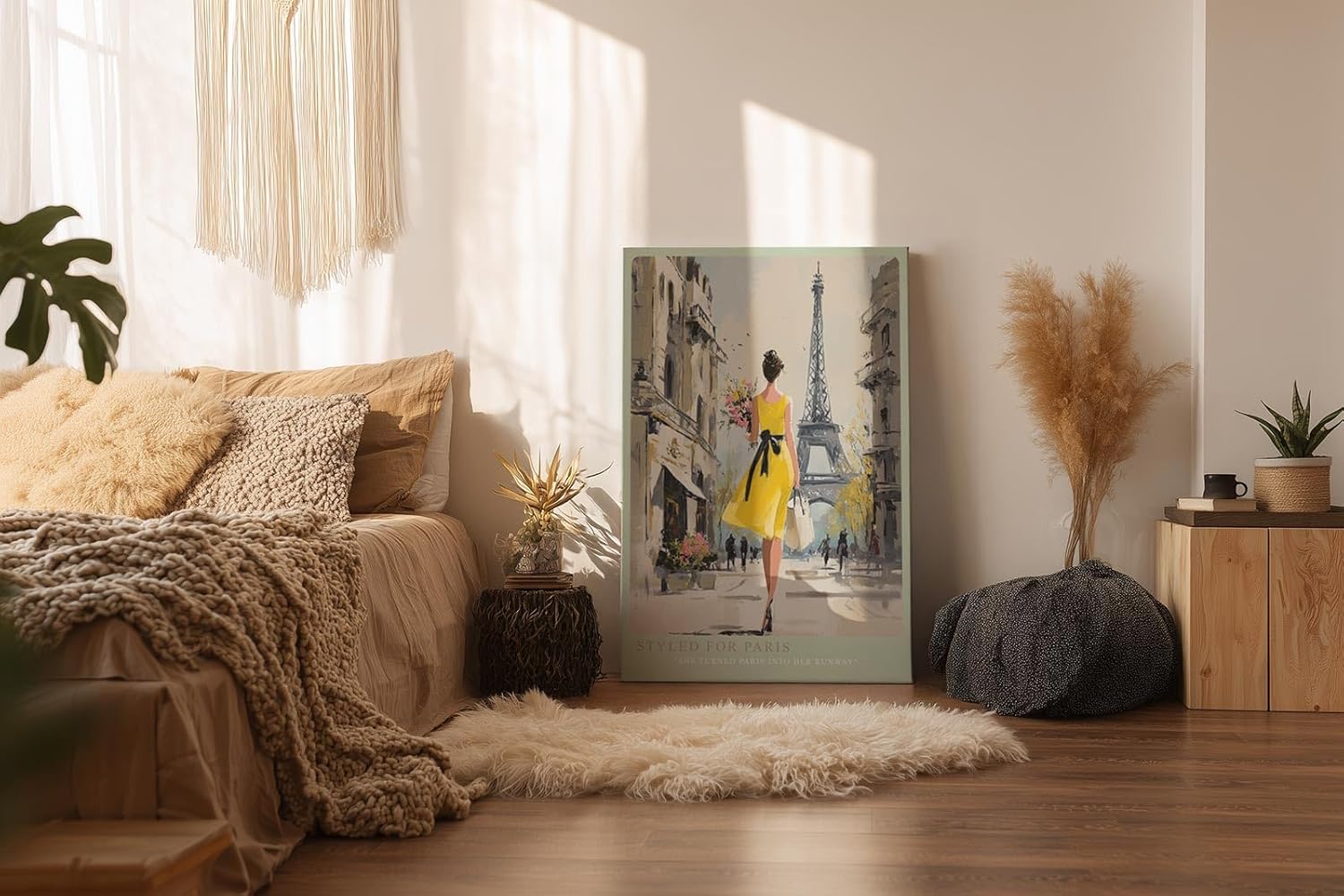 Paul Sinus Wandbild in 40x60cm Frau im gelben Kleid vor dem Eiffelturm – stilvolle Stadtszene mit französischem Charme für elegante Raumgestaltung