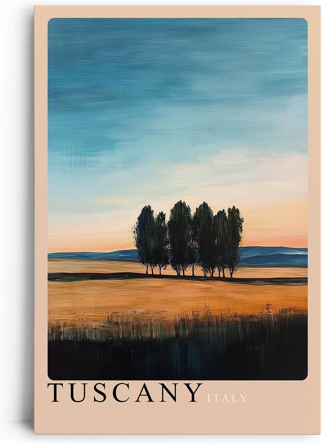 Paul Sinus Leinwandbild 80x120cm Toskana – Sanfte Hügellandschaft mit Zypressen im warmen Licht eines mediterranen Sonnenuntergangs