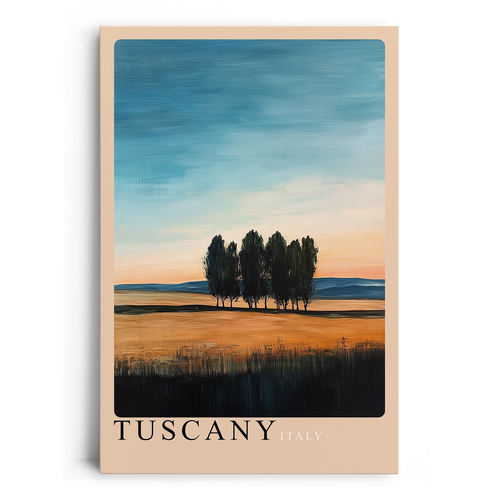 Paul Sinus Leinwandbild 80x120cm Toskana – Sanfte Hügellandschaft mit Zypressen im warmen Licht eines mediterranen Sonnenuntergangs