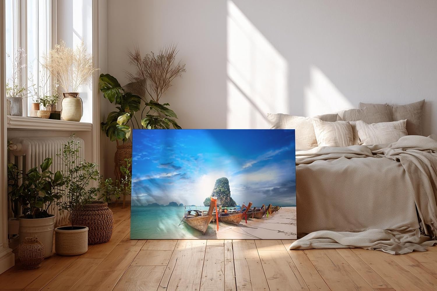 Sinus Art Wandbild 120x80cm Tropischer Küstenblick mit traditioneller Bootskulisse und türkisblauem Wasser