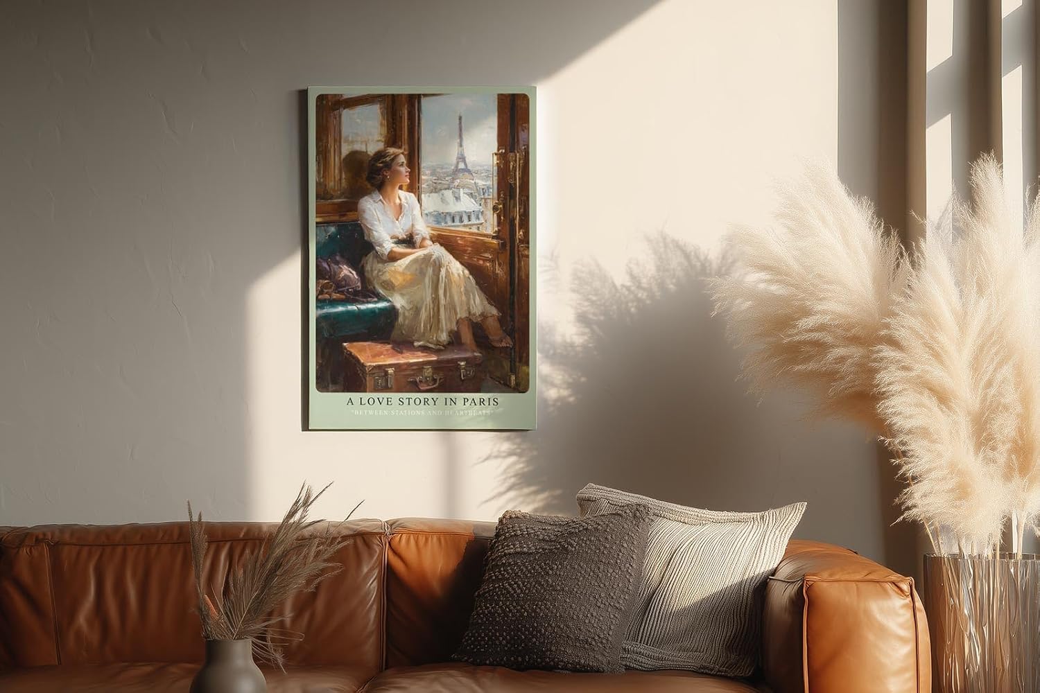 Paul Sinus Wandbild in 40x60cm A Love Story in Paris – Romantische Bahnszene mit Blick auf den Eiffelturm, elegante Frau am Zugfenster, nostalgische Stadtkunst