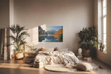 Sinus Art Wandbild 120x80cm Spiegelglatter See vor verschneiten Bergen und herbstlich gefärbtem Wald