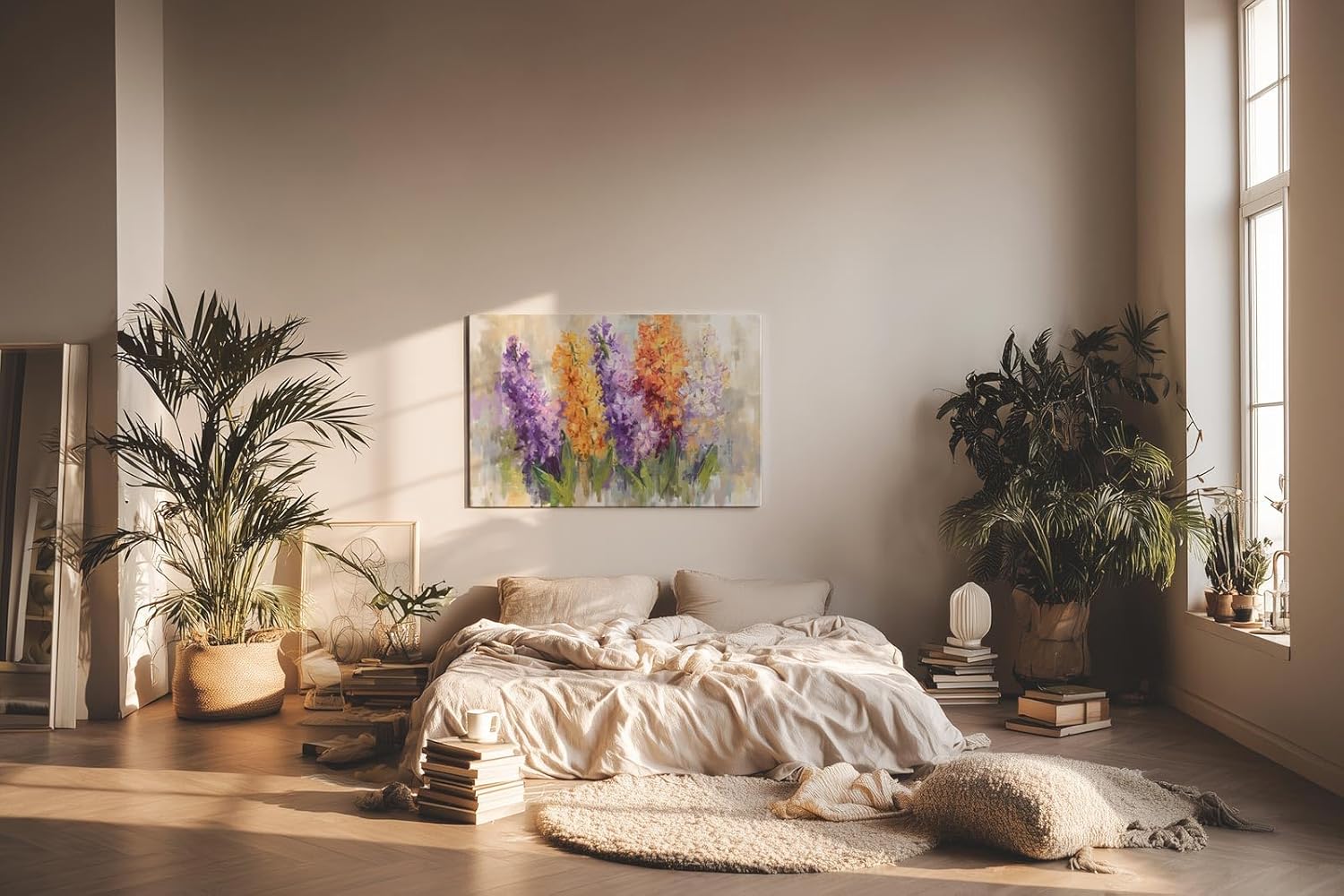 Sinus Art Wandbild 120x80cm Vielfarbige Blütengruppen in Lila Orange Weiß und Gelb – lebendig und künstlerisch interpretiert