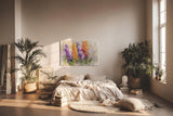 Sinus Art Wandbild 120x80cm Vielfarbige Blütengruppen in Lila Orange Weiß und Gelb – lebendig und künstlerisch interpretiert