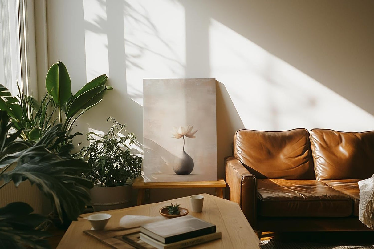 Paul Sinus 60x90cm Wandbild Zarte Eleganz in Beige – Minimalistisches Blumenmotiv mit ruhiger Ausstrahlung für stilvolle Räume