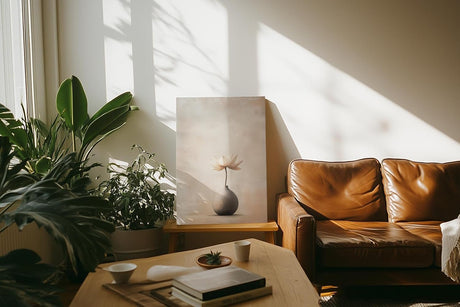 Paul Sinus 60x90cm Wandbild Zarte Eleganz in Beige – Minimalistisches Blumenmotiv mit ruhiger Ausstrahlung für stilvolle Räume