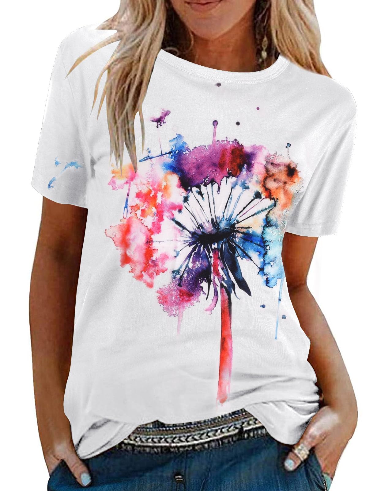 Tuopuda T-Shirt Damen Sommer Oberteile Rundhals Kurzärmeliges Print Bluse Basic Shirt Bequem Baumwolle Tunika Tee Tops Schlank Hemd für Frühling Sommer Herbst