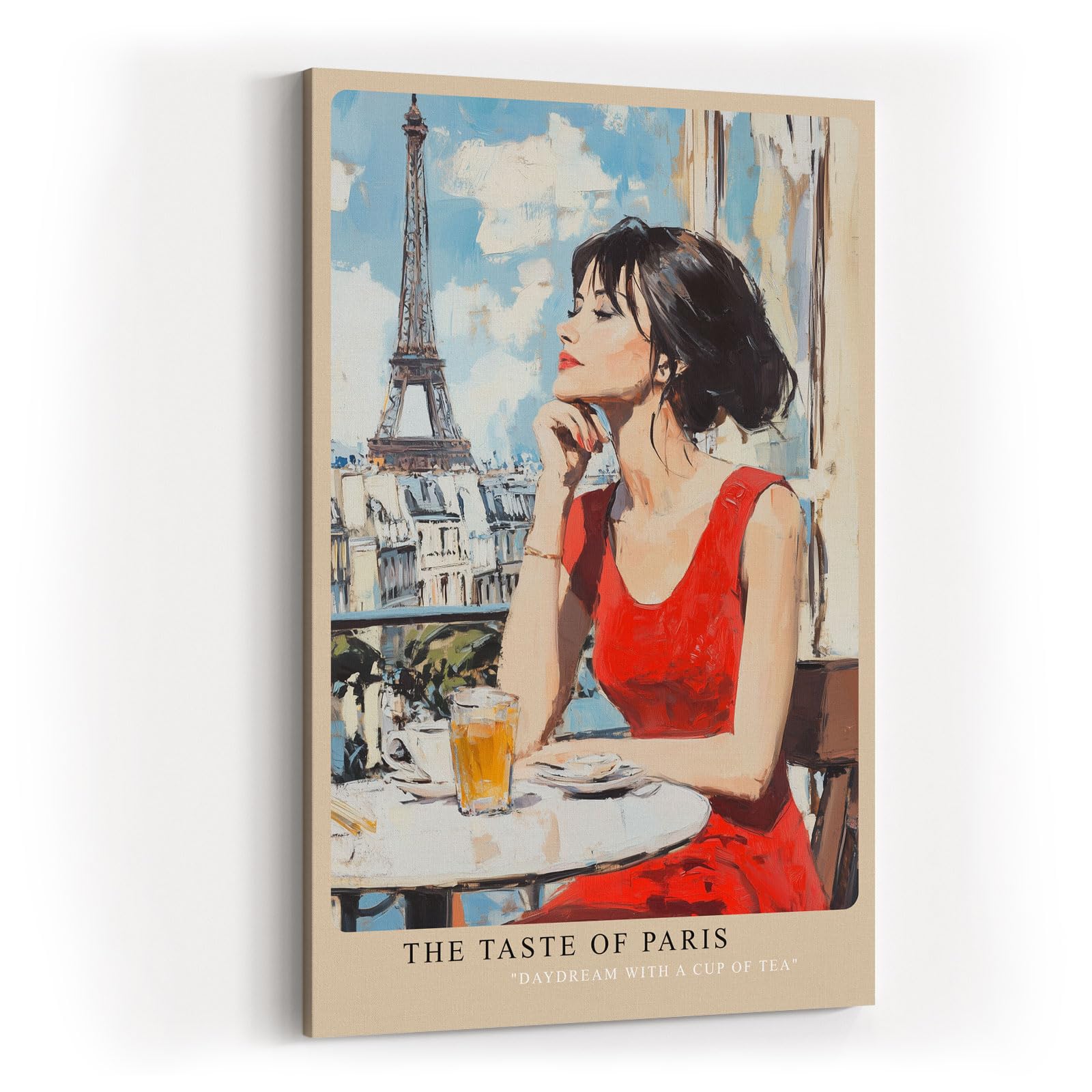 Paul Sinus Wandbild in 40x60cm The Taste of Paris Bilder einer Frau im roten Kleid auf einer Pariser Terrasse mit Blick auf den Eiffelturm