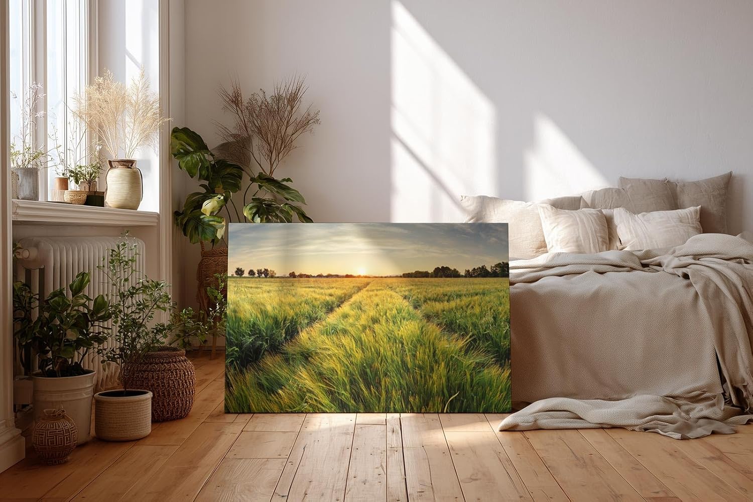 Sinus Art Wandbild 120x80cm Sonnenuntergang über einem weitläufigen Feld voller goldener Halme – friedlich und inspirierend