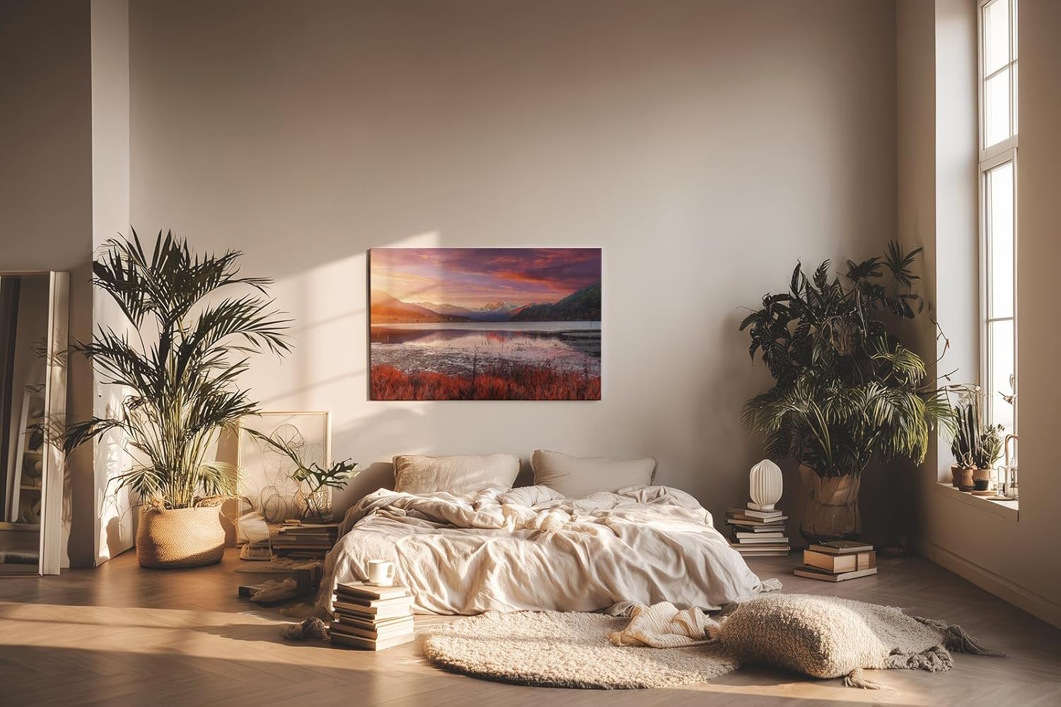 Sinus Art Wandbild 120x80cm See mit reflektierendem Himmel vor verschneiten Bergen – kontrastreich und lebendig