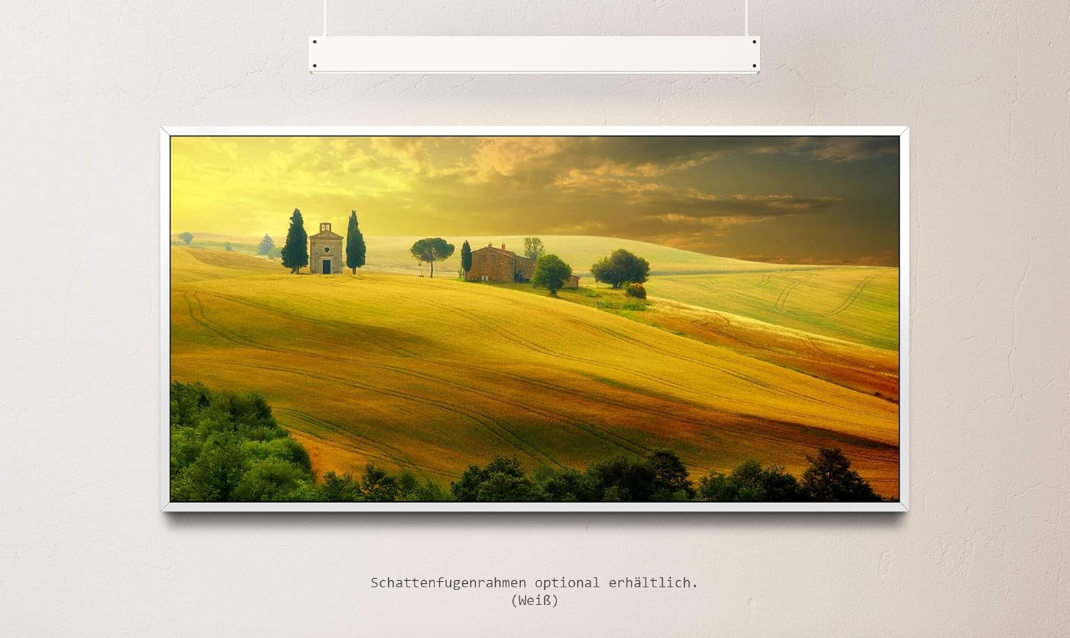 Landschaft in der Toscana ca. 130x70cm Wandbild inklusive Schattenfugenrahmen weiss - Panorama Leinwand Bild XXL Format Wandbilder Wohnzimmer Wohnung Deko Kunstdrucke