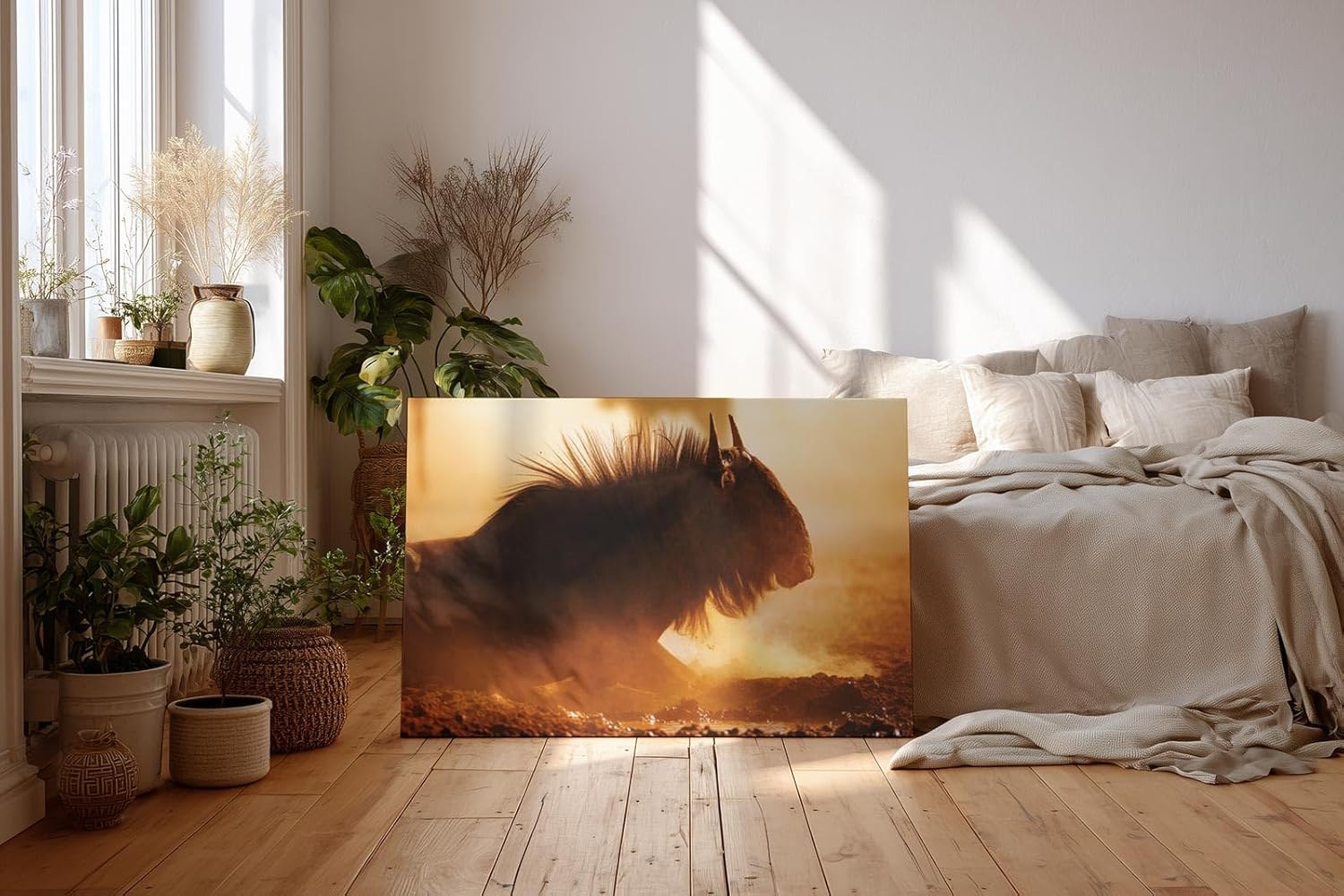 Sinus Art Wandbild 120x80cm Eindrucksvolle Tieraufnahme mit staubigem Lichtspiel und natürlicher Wildnis-Atmosphäre