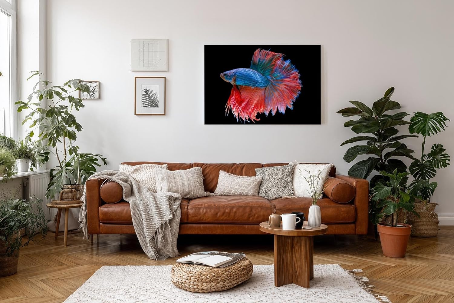 Sinus Art Wandbild 120x80cm Faszinierender Betta-Fisch mit dynamischer Flossenpracht in Rot und Blau auf dunklem Fond