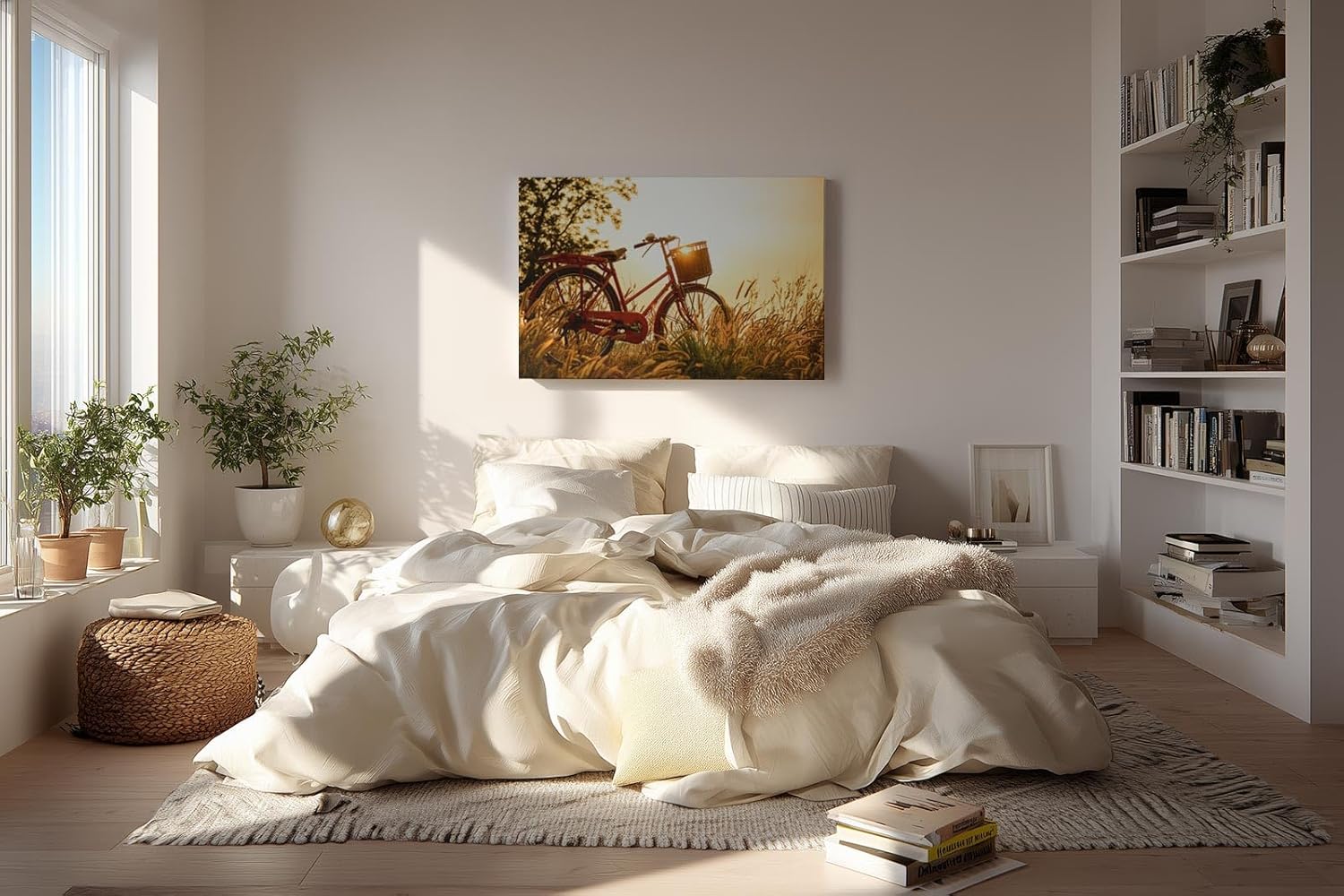 Sinus Art Wandbild 120x80cm Rotes Fahrrad im goldenen Gegenlicht einer Sommerwiese mit romantischem Flair