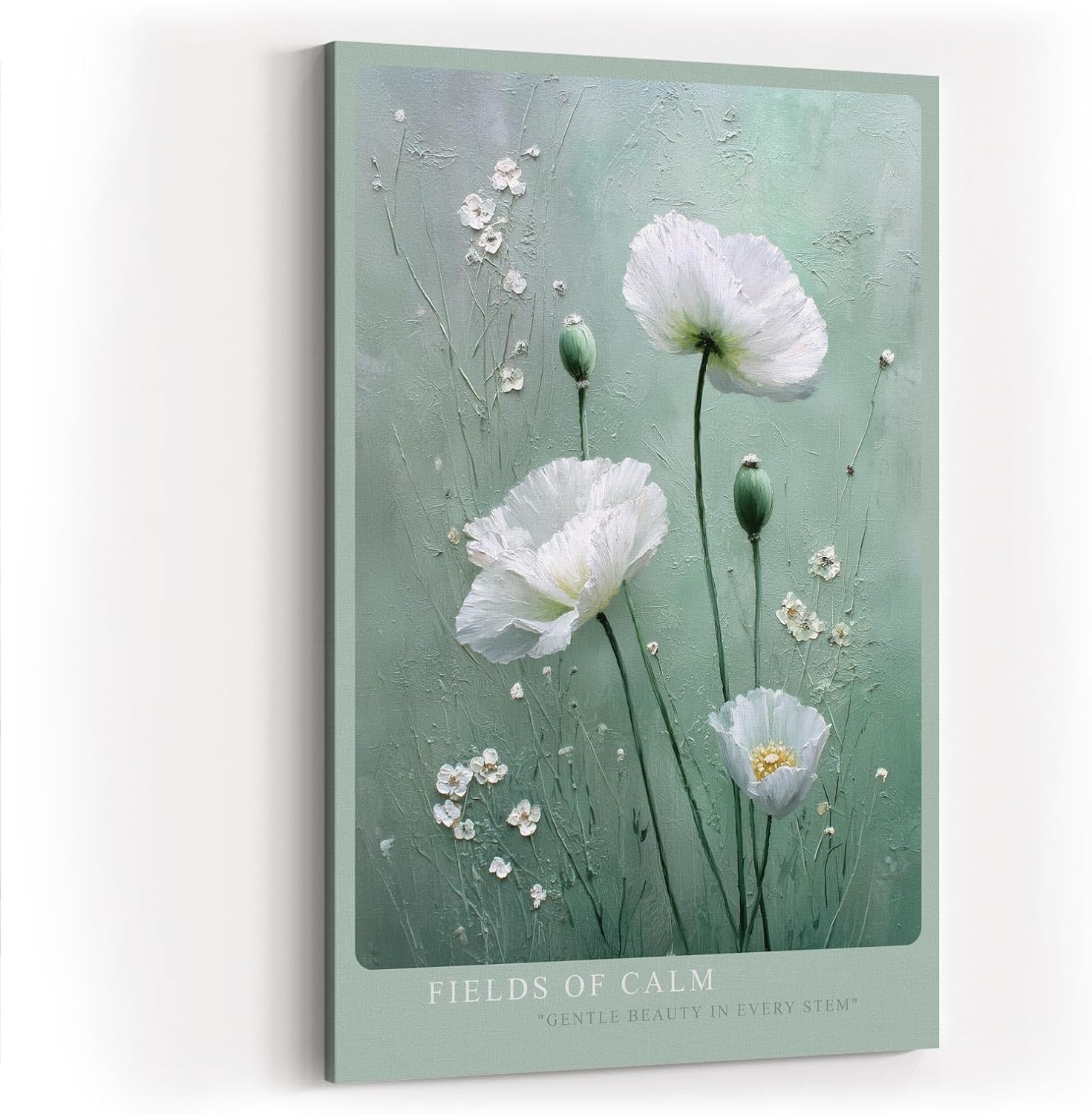 Paul Sinus Wandbild in 40x60cm Fields of Calm – weiße Mohnblumen auf zartgrünem Hintergrund, sanfte florale Kunst mit eleganter Textur