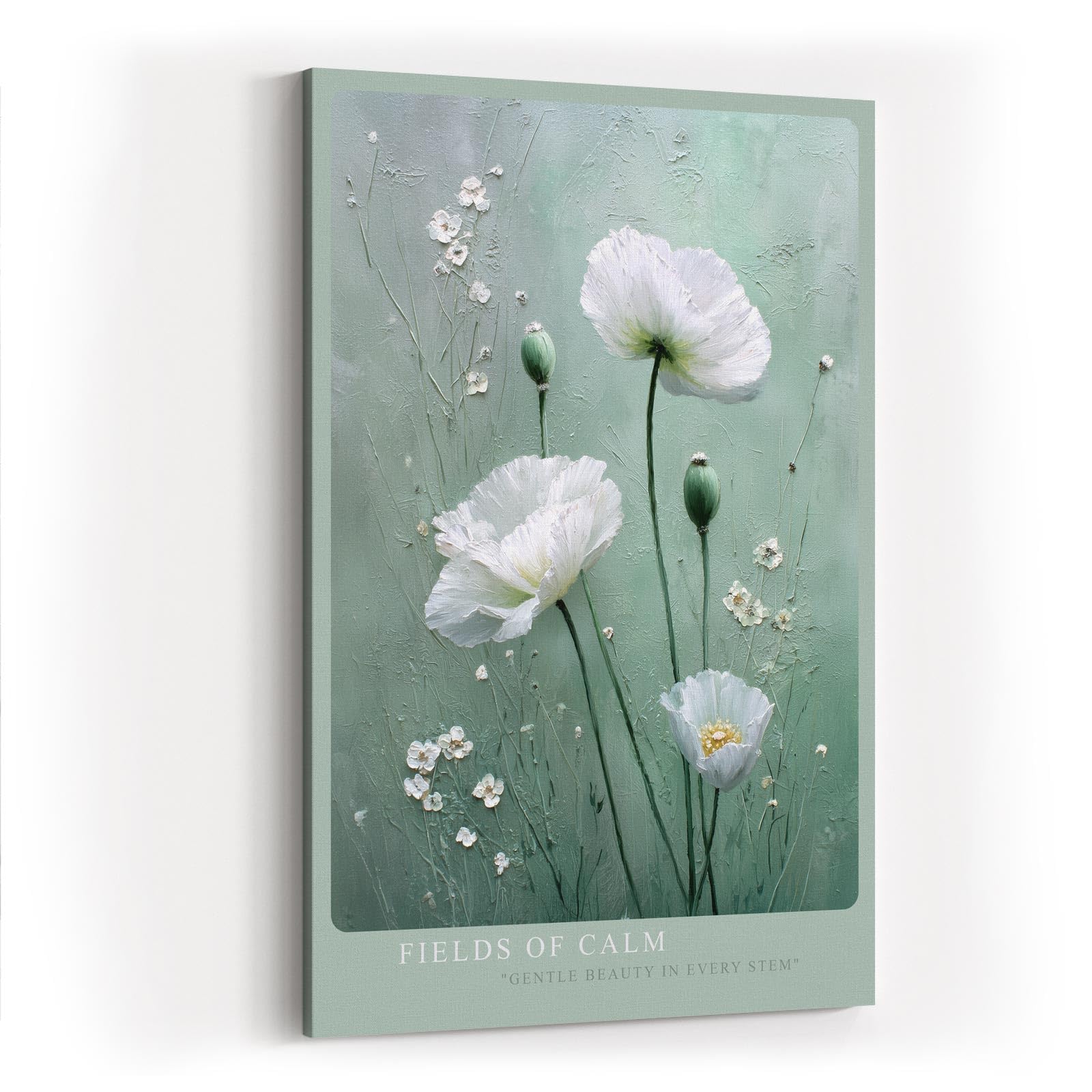 Paul Sinus Wandbild in 40x60cm Fields of Calm – weiße Mohnblumen auf zartgrünem Hintergrund, sanfte florale Kunst mit eleganter Textur