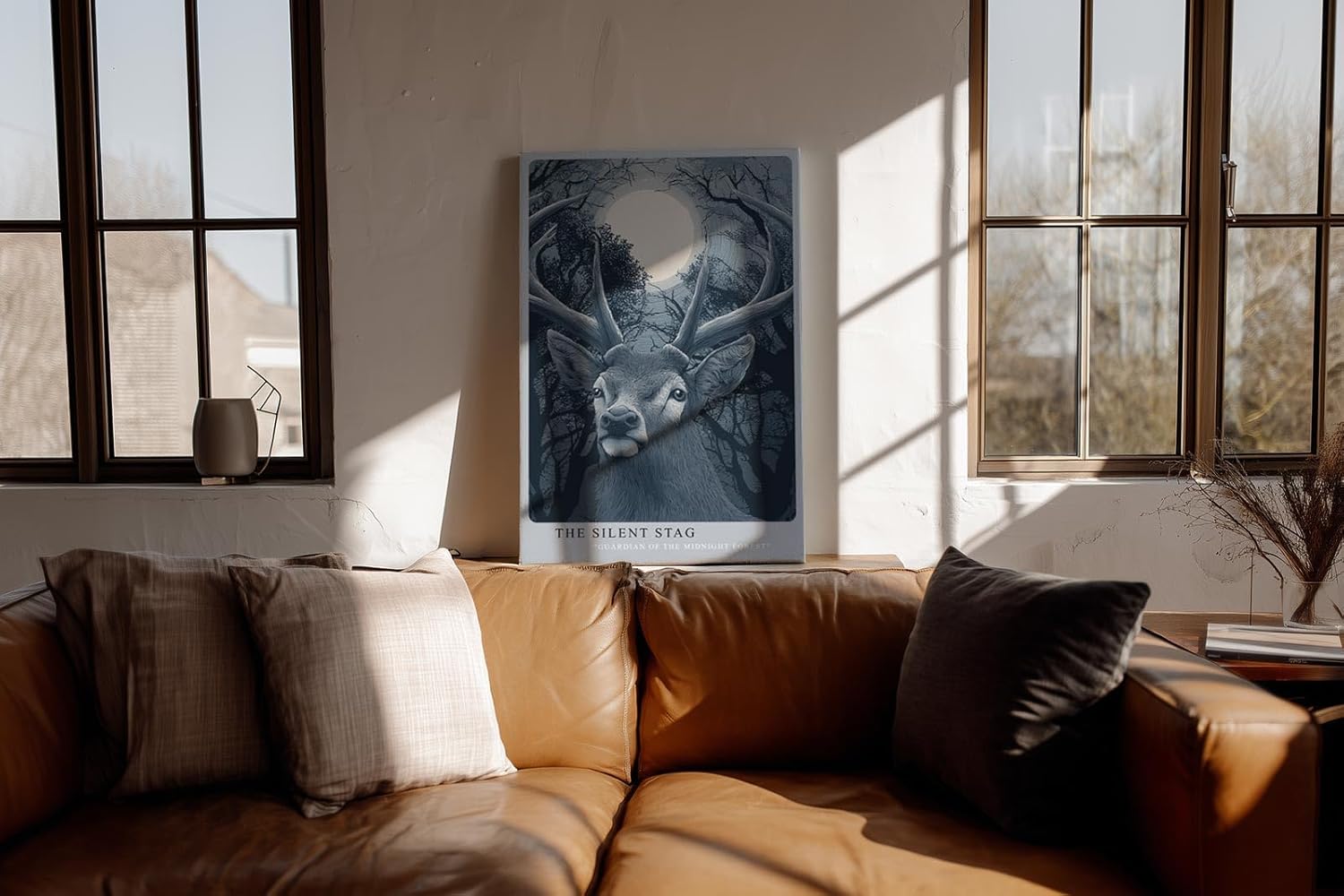 Paul Sinus Wandbild in 40x60cm The Silent Stag – majestätischer Hirsch vor Vollmond im nächtlichen Wald, detailreiche Illustration in kühlen Blautönen