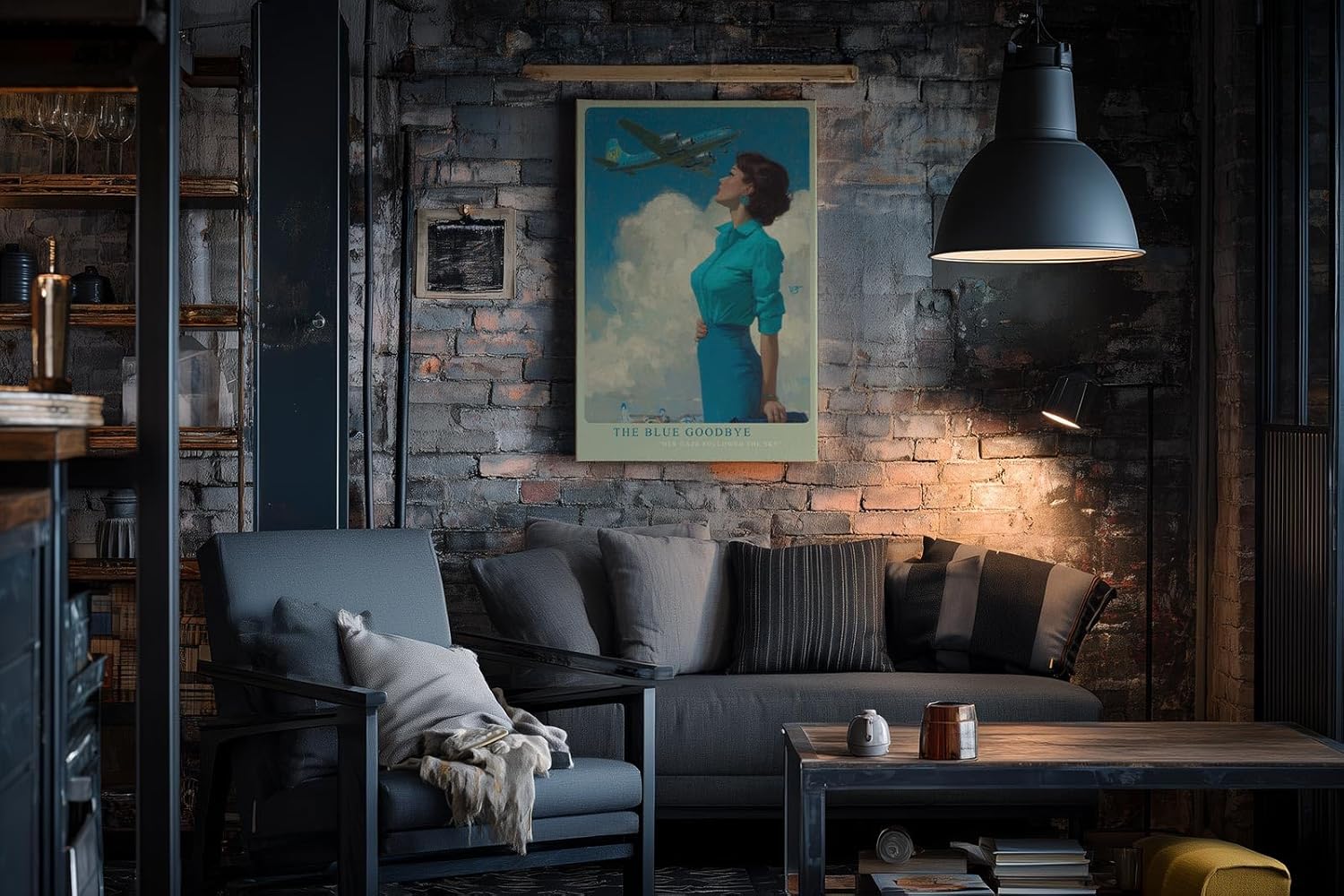 Paul Sinus Wandbild in 40x60cm The Blue Goodbye mit stilvoller Frau im Retro-Look und Flugzeug am Himmel für elegante Wandgestaltung