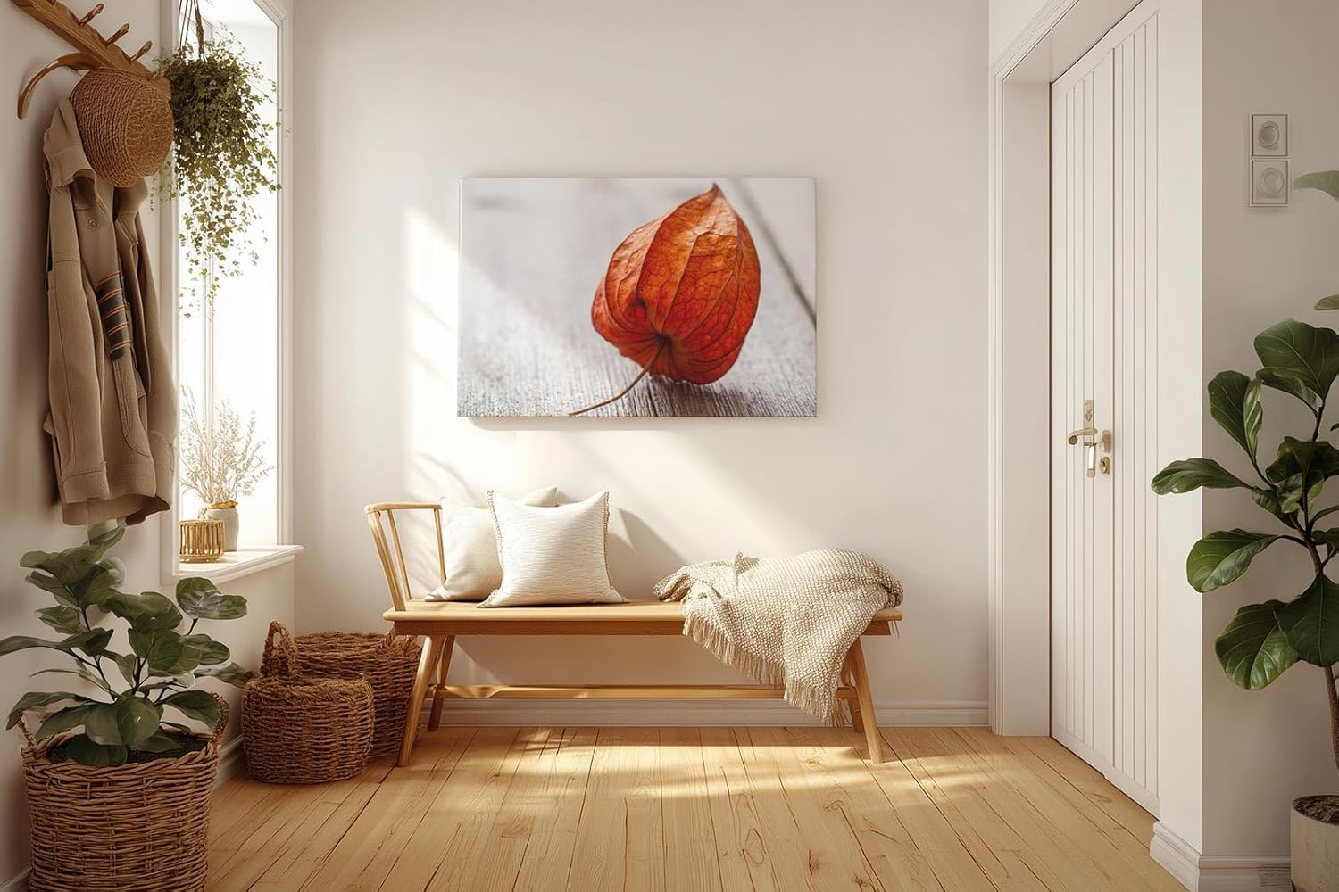 Sinus Art Wandbild 120x80cm Ruhiges Naturmotiv mit physalisähnlicher Blüte auf rustikalem Holzuntergrund
