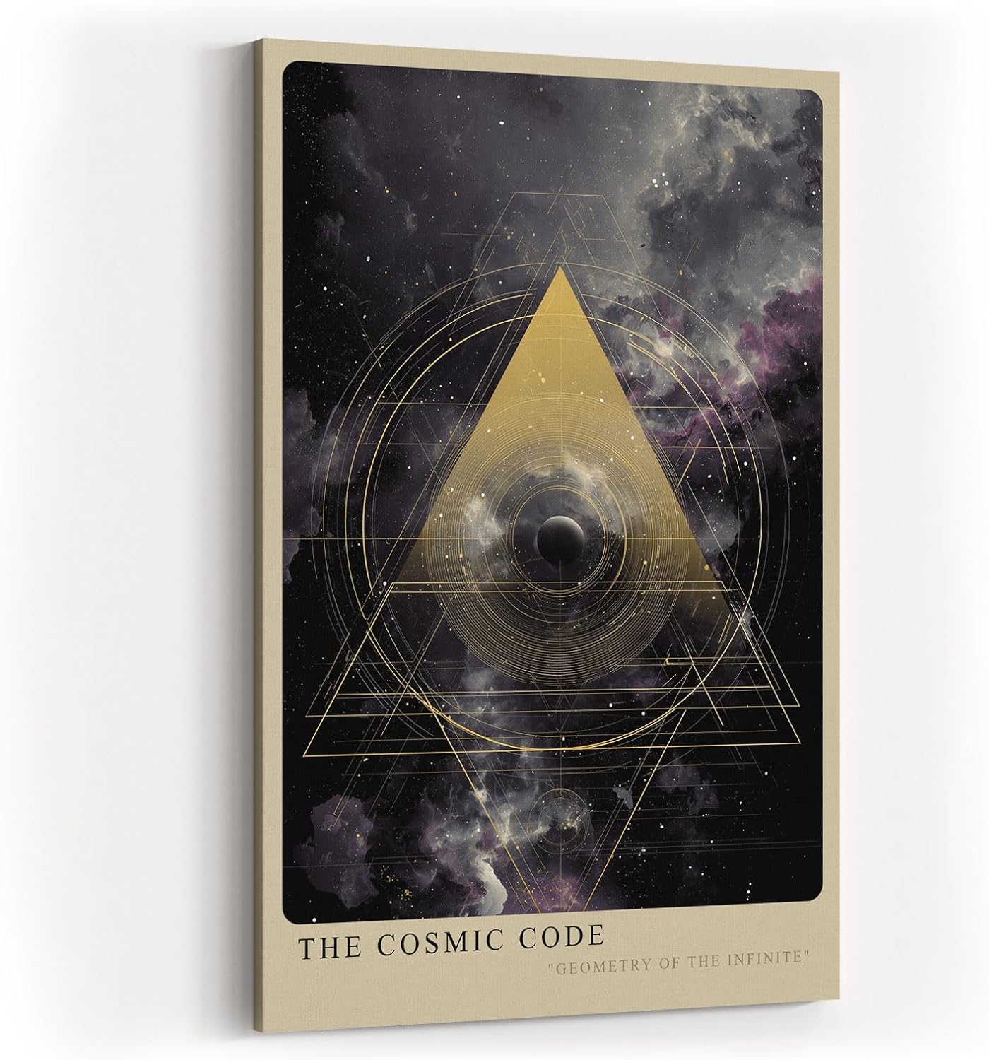 Paul Sinus Wandbild in 40x60cm The Cosmic Code – Faszinierende Weltraumkomposition mit goldenem geometrischem Dreieck und mystischen Nebelstrukturen