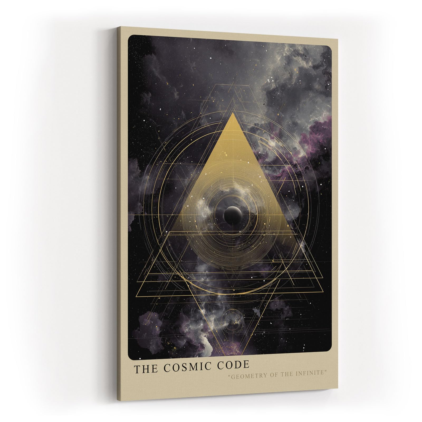Paul Sinus Wandbild in 40x60cm The Cosmic Code – Faszinierende Weltraumkomposition mit goldenem geometrischem Dreieck und mystischen Nebelstrukturen