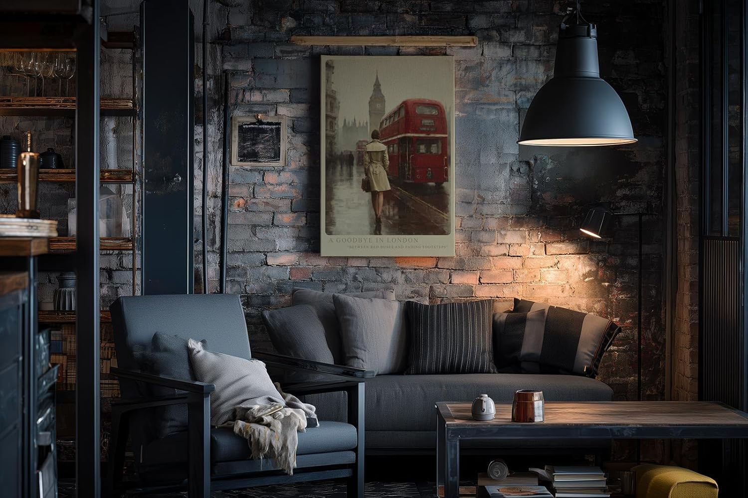 Paul Sinus Wandbild in 40x60cm A Goodbye in London – Rote Doppeldeckerbusse und Big Ben im Hintergrund, nostalgische Stadtszene im Regen